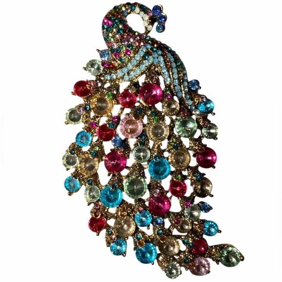 None Jewelry - Colorful Rhinestone Peacock Brooch Large Statement Pin Multicolor Bling